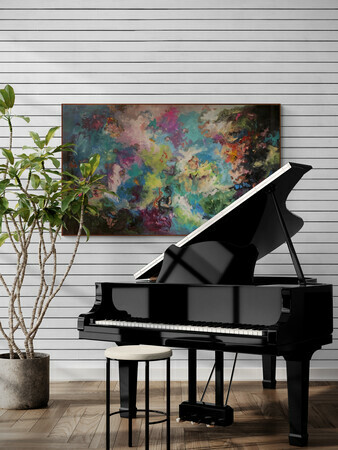 room with grand piano and large plant